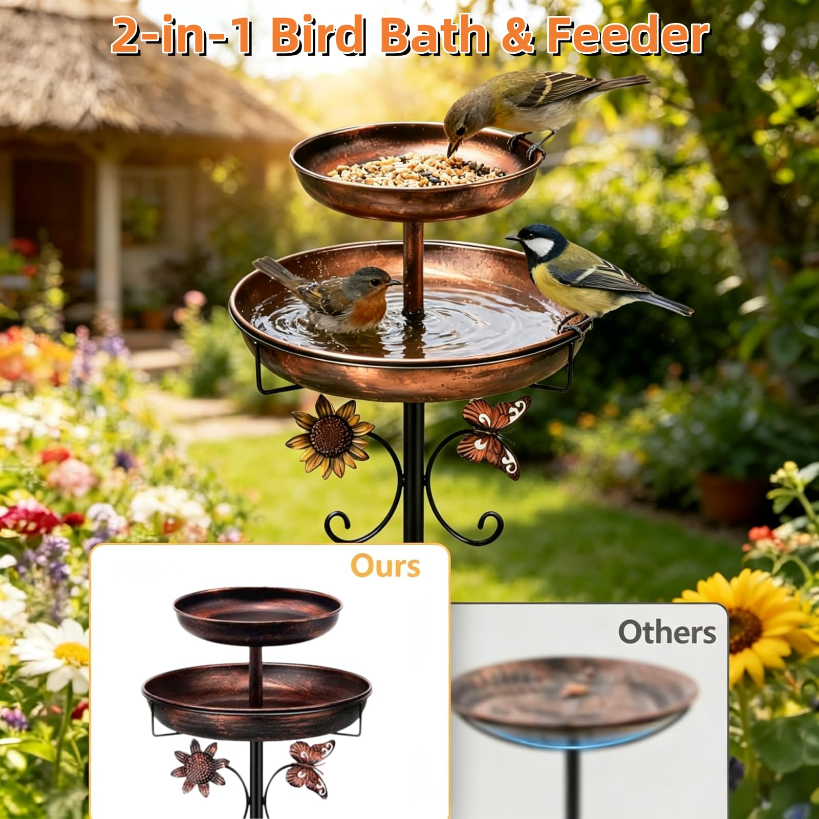 2-en-1 Abreuvoir et Mangeoire Oiseaux sur Pied,Bronze