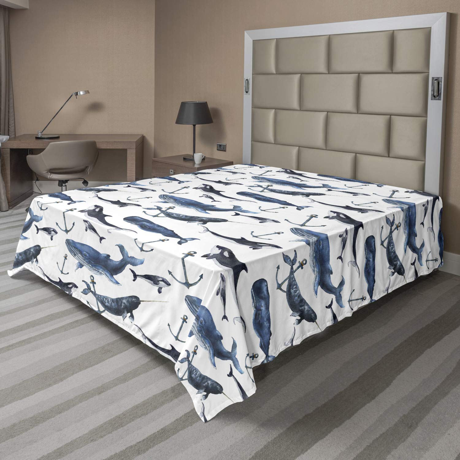 Ambesonne Narwhal Flat Sheet, Watercolor Narwhals Orcas and Blue Whales with Anchors Arctic Fauna, Soft Comfortable Top Sheet Decorative Bedding 1 Piece, California King, Blue Grey Dark Blue