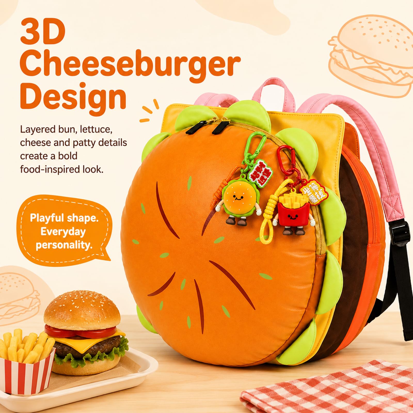 Zaino Cheeseburger con hamburger, portamonete e patatine fritte, 2 x Cheeseburger, Piccolo, Fashion