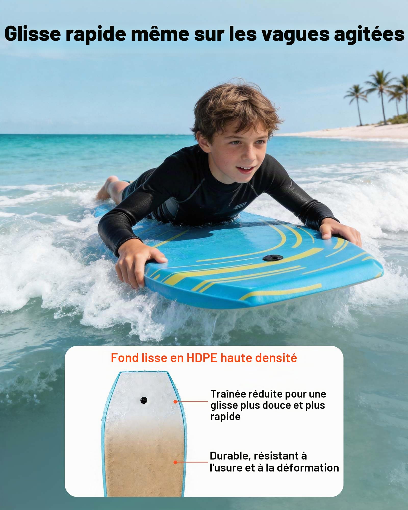 VEVOR Planche de Bodyboard 105,5 cm, Bodyboard de Plage avec Noyau en Mousse EPS et Leash de Poignet, Matériel de Surf Sport Nautique pour Débutants et Jeunes jusqu'à 81,7 kg, Planche de Boogie Bleue