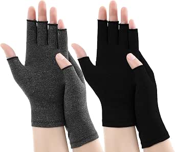 2 Pairs Arthritis Compression Gloves For Pain Relief - Fingerless Hand Gloves For Women & Men (Grey1+Pure Black1, Medium)