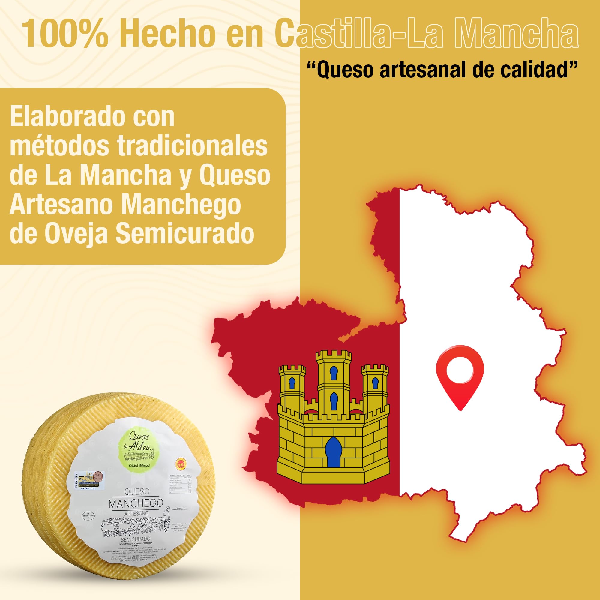 Queso Manchego Artesano Semicurado 3 kg Leche de Oveja D.O. La Mancha Gourmet Regalo