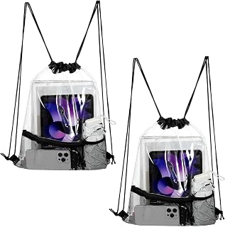 2 Pack Clear Drawstring Backpack Clear Drawstring Bags See Through Transparent PVC Backpack String Cinch Bag for Concerts, Sports, Travel, Work, Black