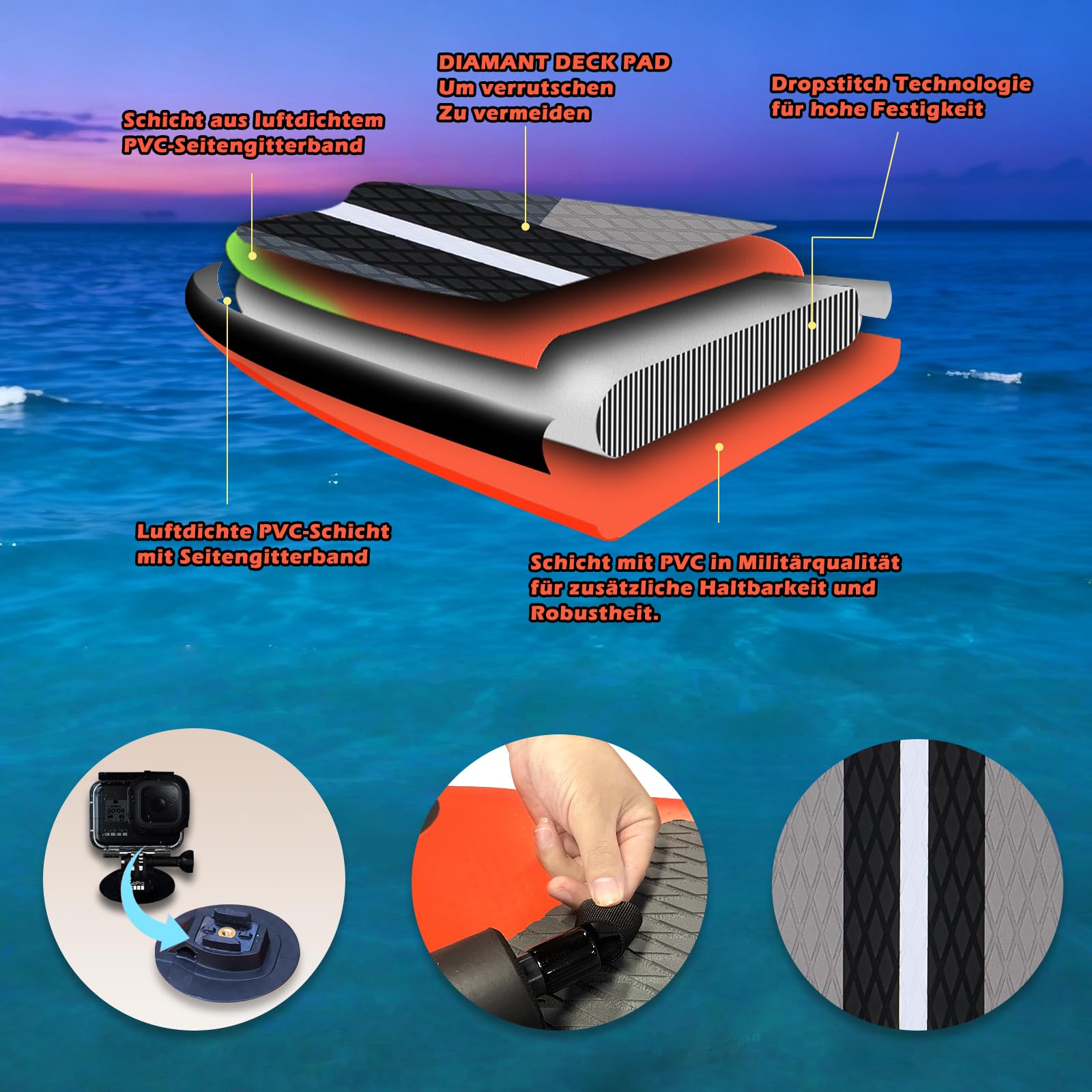 Stand up Paddle Board Aufblasbare SUP Board Set, 330x76x15cm, 3 abnehmbare Flosse, Kajak Sitz, Verstellbares Doppel-Paddel, Cam Halterung, Komplettes Zubehör, Tragkraft bis 150kg, Rot