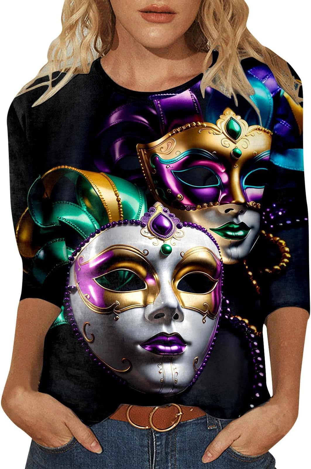NQyIOSMardi Gras Shirts for Women Tuesday Shirt Funny Mask Graphic Tee Carnival 3/4 Sleeve Shirt New Orleans Party Crew Neck Top Glitter Spring Tshirts Fancy Blouse Print Dressy Tunic Blouses