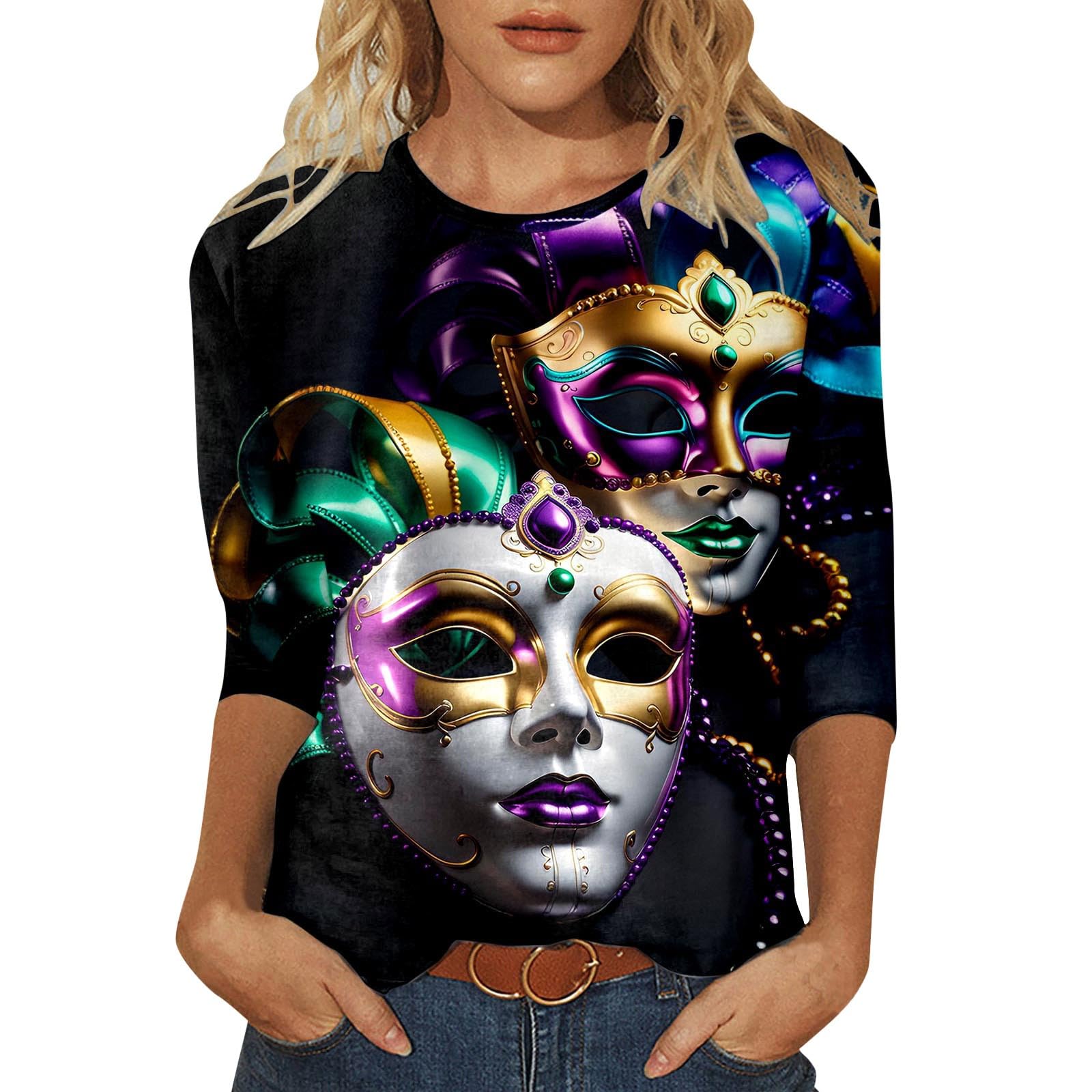 NQyIOSMardi Gras Shirts for Women Tuesday Shirt Funny Mask Graphic Tee Carnival 3/4 Sleeve Shirt New Orleans Party Crew Neck Top Glitter Spring Tshirts Fancy Blouse Print Dressy Tunic Blouses