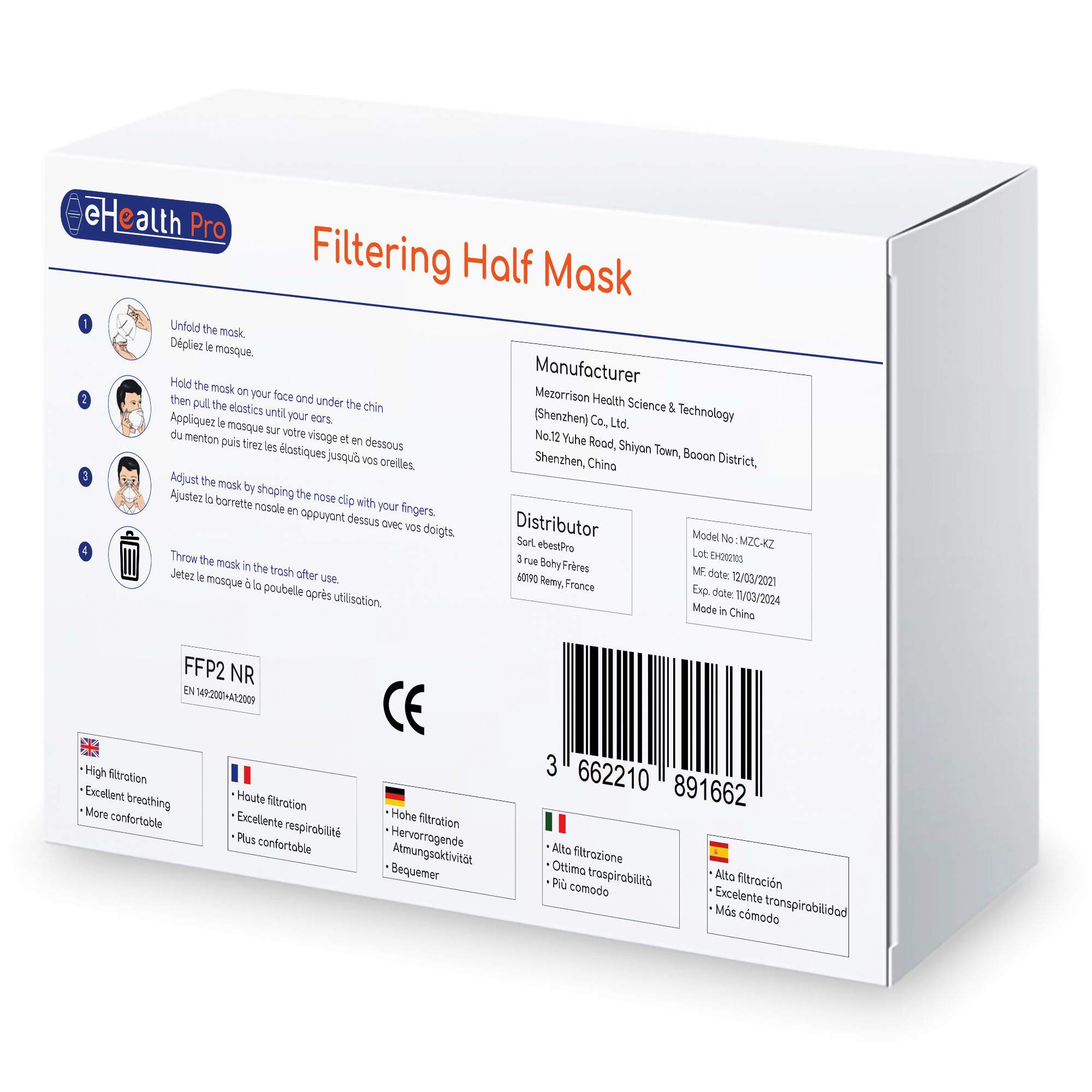 Pacco x100 Mascherine respiratorie Protezione FFP2 NR monouso, 5 STRATI, testate e certificate CE EN149 da un Oragnismo Notificato (Notified Body), EFB > 94%, x5 scatole di 20 pezzi