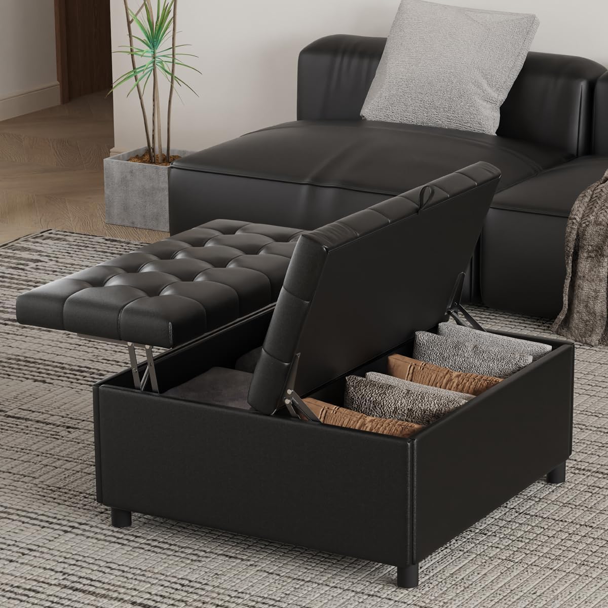 LINLUX 35.5 Inch Large Leather Storage Ottoman, Extra Large Square Lift Top Ottoman Coffee Table with Storage, Tufted Leather Ottoman Footrest Toy Box for Living Room, Black
