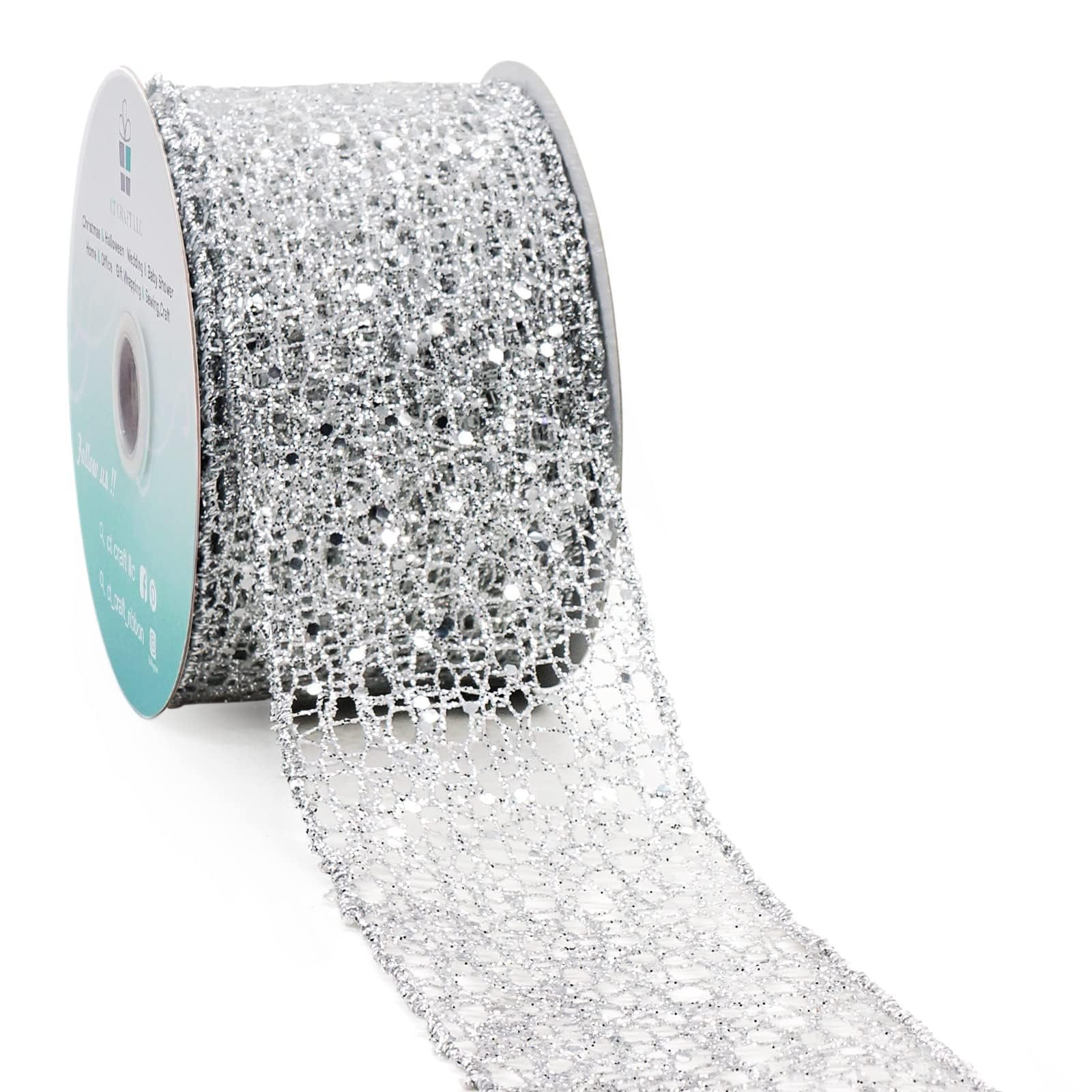 CT CRAFT LLC Sparkling Glitter Mesh Wired Ribbon 2.5" x 10 Yards Silver for Christmas Home Decor Bow Gift Wrapping DIY Crafts Wreath