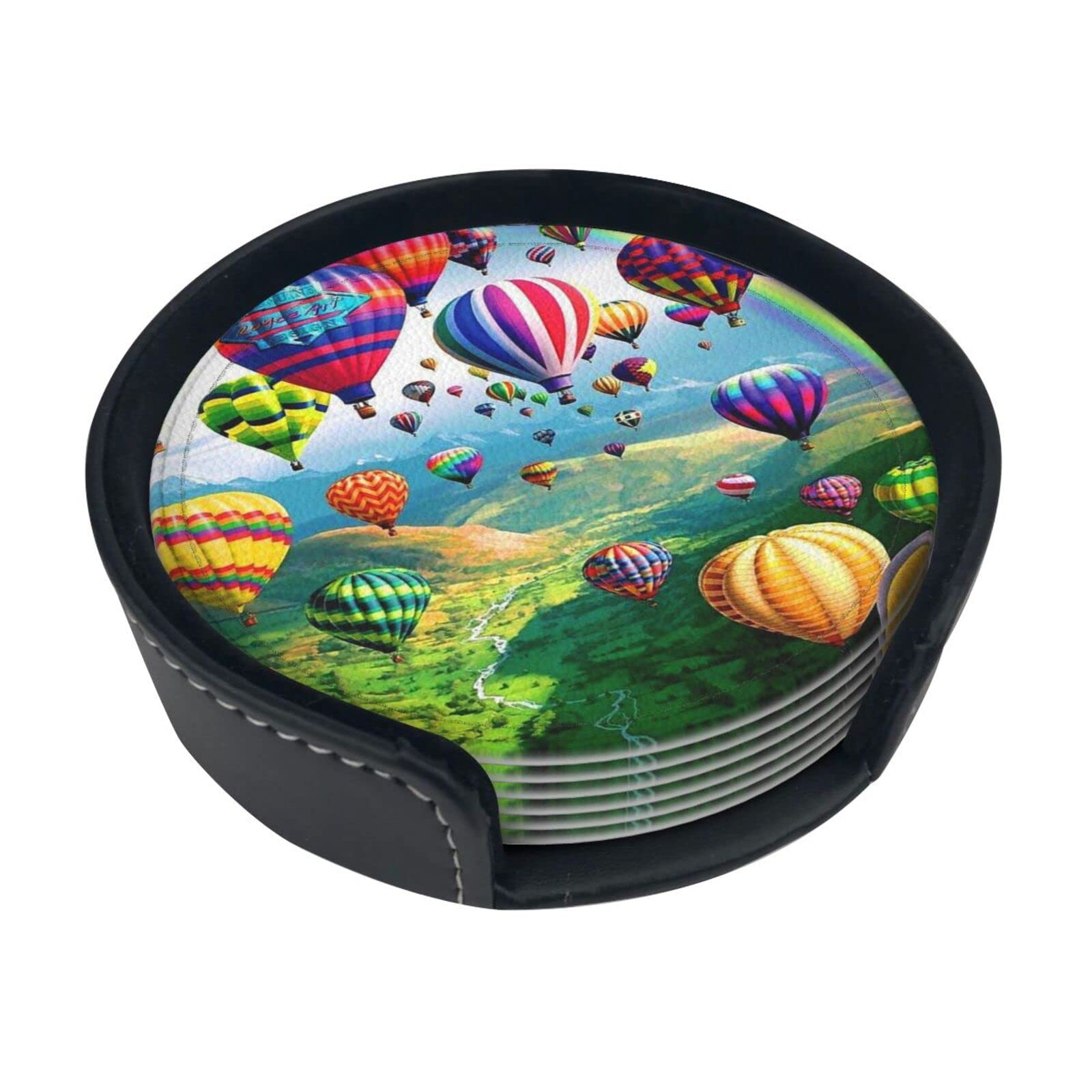 Coasters Set Of 6 Hot Air Balloons Print Leather Coasters For Drinks,Home Décor And Housewarming Gift