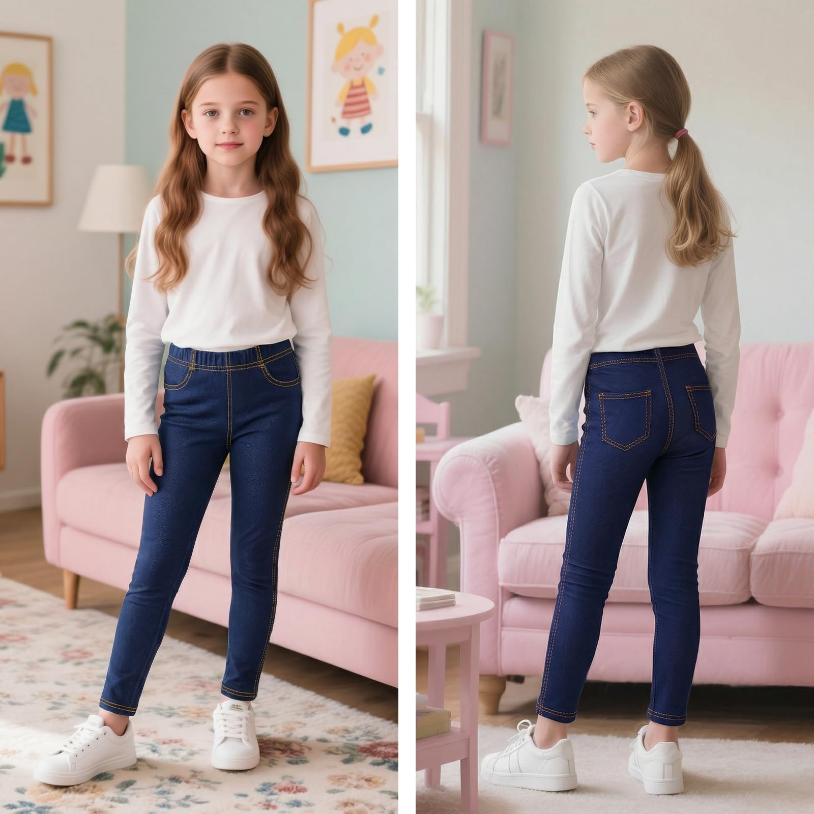 Leggings para Niña, Elásticos Slim Fit Jeggings, Pack de 2, Elásticos Vaqueros Legging, Infantiles Transpirable Cintura Alta Mallas Casual Pantalones Niños Ropa para 6-13 Anos