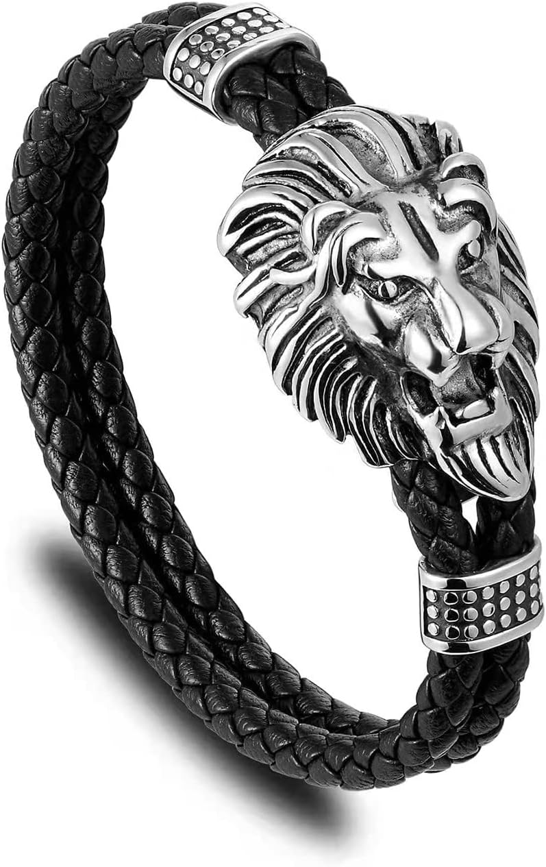 Mens Black braided leather Bangle Bracelet, Vintage Stainless Steel Roaring Lion Head, Two-row - Image 3