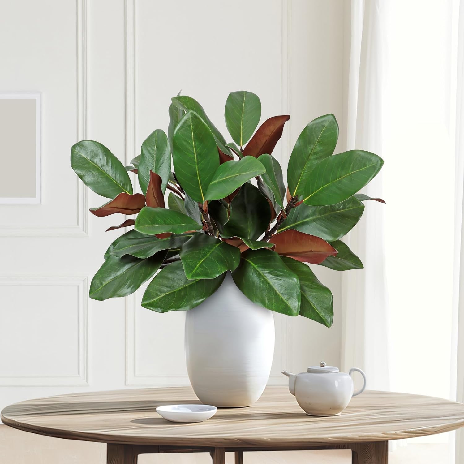 TOCHGREEN 6 Pcs Artificial Magnolia Leaves Branches 18inch Faux 3D Real Touch Magnolia Pick Stems Fake Greenery Simulation Leaves Twigs for Indoor Outdoor Vase Home Wedding Table Decoration