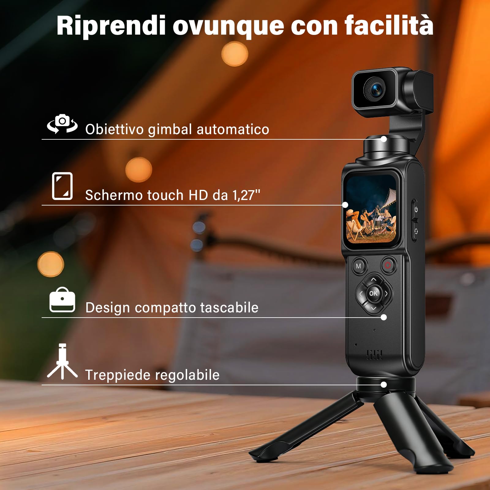 Vlog Camera, Action Cam 4K Stabilizzata con Gimbal – Touchscreen 64MP con Scheda 64GB, Stabilizzazione a 2 Assi, Tracciamento di Oggetti, Microfono Incluso, Fotocamera Digitale per Vlog