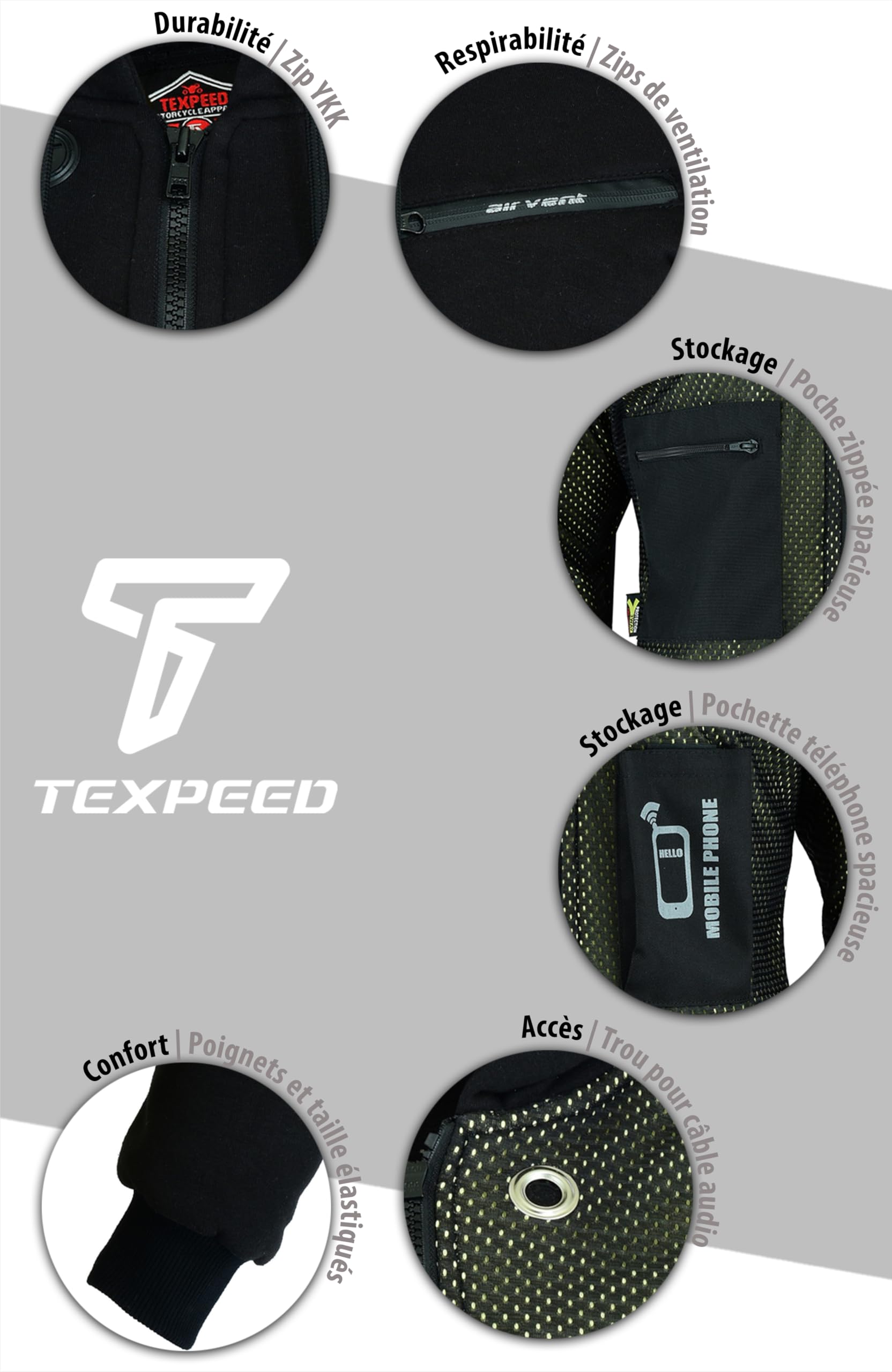 Texpeed Veste à capuche moto pour homme - Sweat à capuche en Aramide de protection avec protection (EN 1621-1) - Gris noir 6XL
