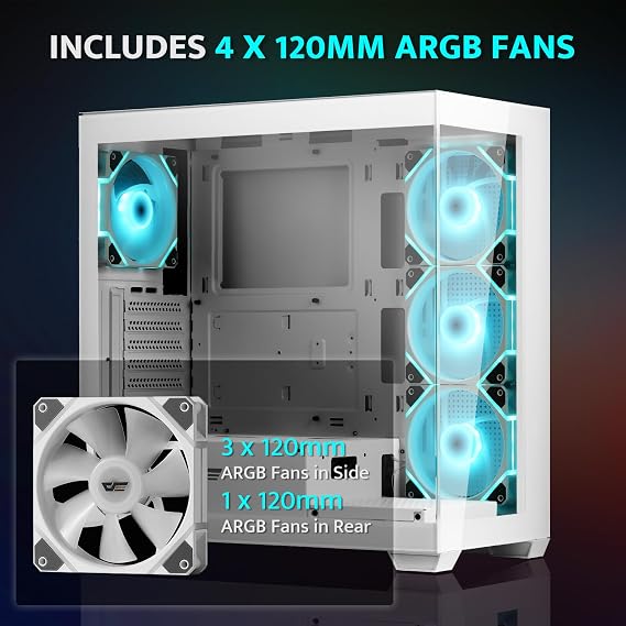darkFlash ATX Mid-Tower PC Kasası, Önceden Kurulum 4 PWM ARGB Fanlar Bilgisayar Kasası, Tam Görünüm Çift Temperli Cam Oyun PC Kasası, C Tipi Bağlantı Noktası, 360 mm'ye kadar Su Soğutma Radyatörünü