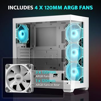 darkFlash ATX Mid-Tower PC Kasası, Önceden Kurulum 4 PWM ARGB Fanlar Bilgisayar Kasası, Tam Görünüm Çift Temperli Cam Oyun PC Kasası, C Tipi Bağlantı Noktası, 360 mm'ye kadar Su Soğutma Radyatörünü