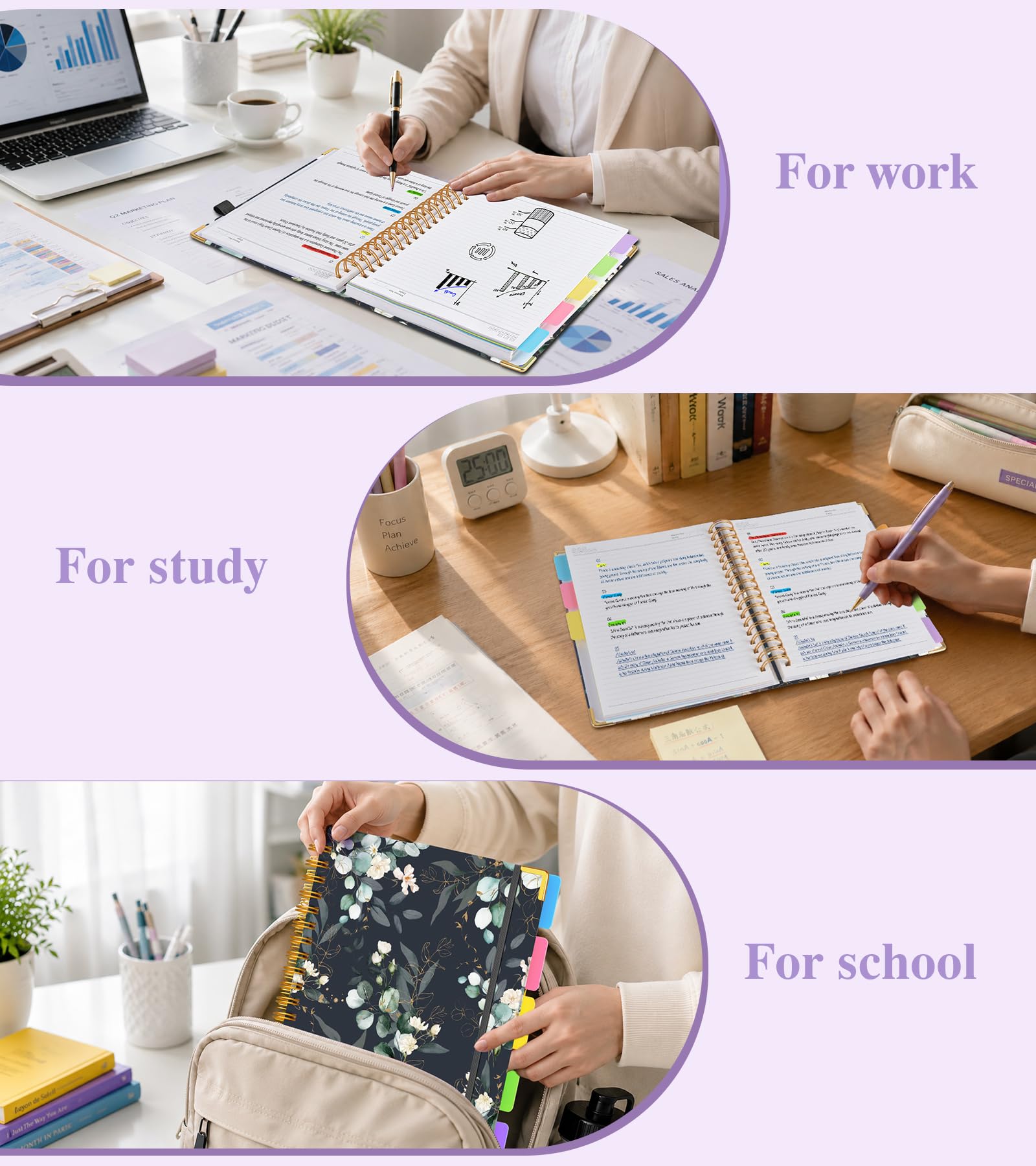 Hardcover Spiral Notebooks for Work，300 Pages 5 Subject Notebook College Ruled with Dividers Tabs，8"x10" Aesthetic Lined Spiral Journal for Women，100GSM Large Cute Notebook for school,GreenEucalyptus