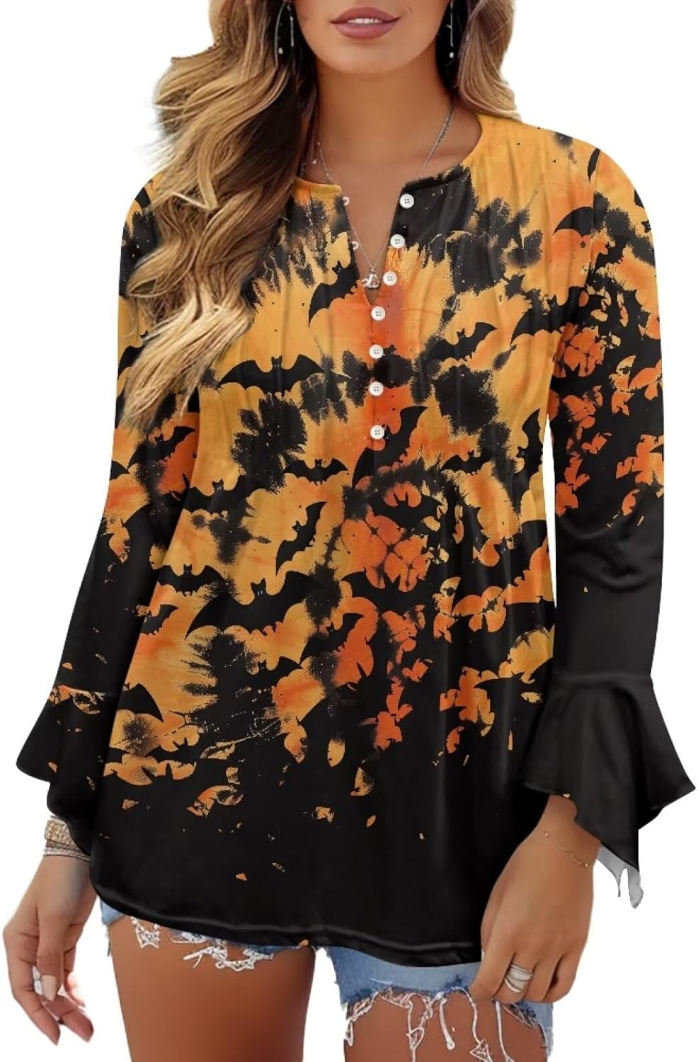 Suobstales Women's Bell Long Sleeve Boho Shirts with Button Down Casual V Neck Blouse Fall Pleated Tunic Top Plus Size S-2XL