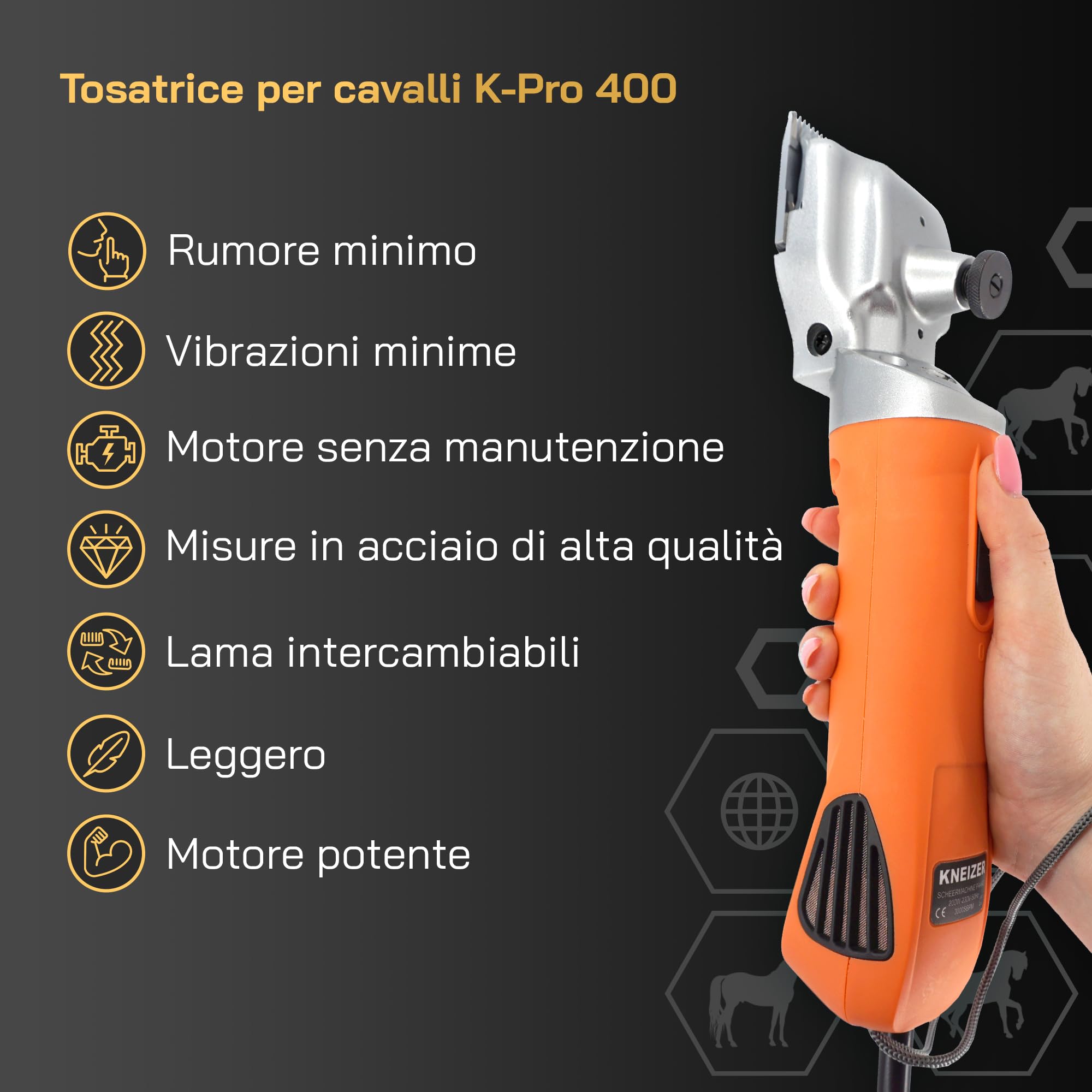 Tosatrice per Cavalli K-PRO 400 - Con Lame Intercambiabili - Silenziosa e a Bassa Vibrazione - Serenità per il Cavallo - Adatta a Tutti i Tipi di Pelo e Parti del Corpo - Senza Manutenzione