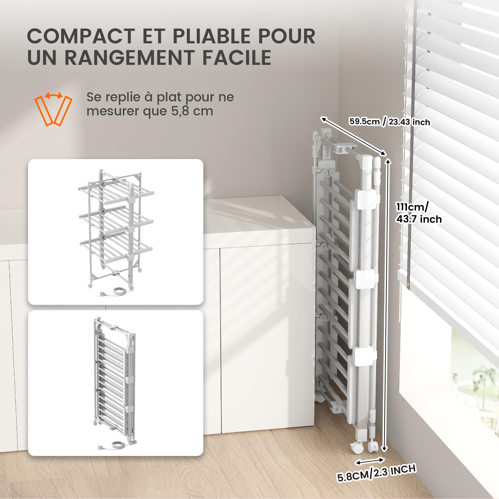 Innotic Séchoir à Linge Chauffant Pliable, Électrique, 230W, 24 Barres Chauffantes, 111x59x62 CM, avec Roues, Blanc