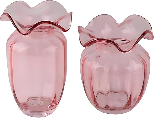 Fleurine Colored Glass Collection, Set of 2 Fluted Blooming Flower Table Vases (Pink)