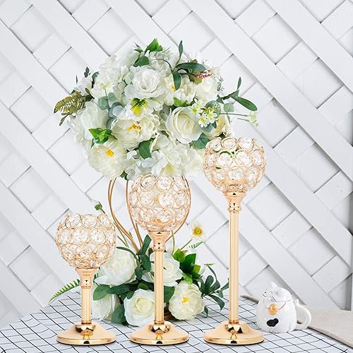 Miniatura 6 de Juego de 3 portavelas dorados, candelabros de cristal de lujo para decoración de mesa de boda, mesa de comedor, despedida de soltera, centro de mesa