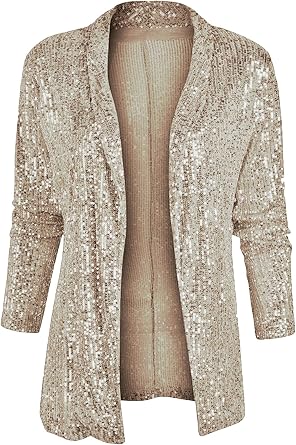 Womens Solid Color Sparkly Jacket Open Front Long Sleeve Spring Blazers Fashion Slim Fit Coat