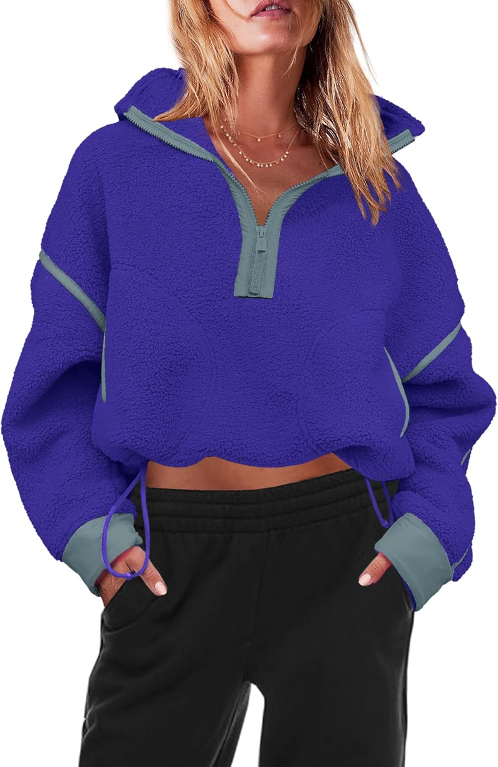 Panadila Womens Half Zip Sherpa Fleece Pullover Soft Oversized Sweatshirt with Pockets Warm Fuzzy Sweater - Image 2