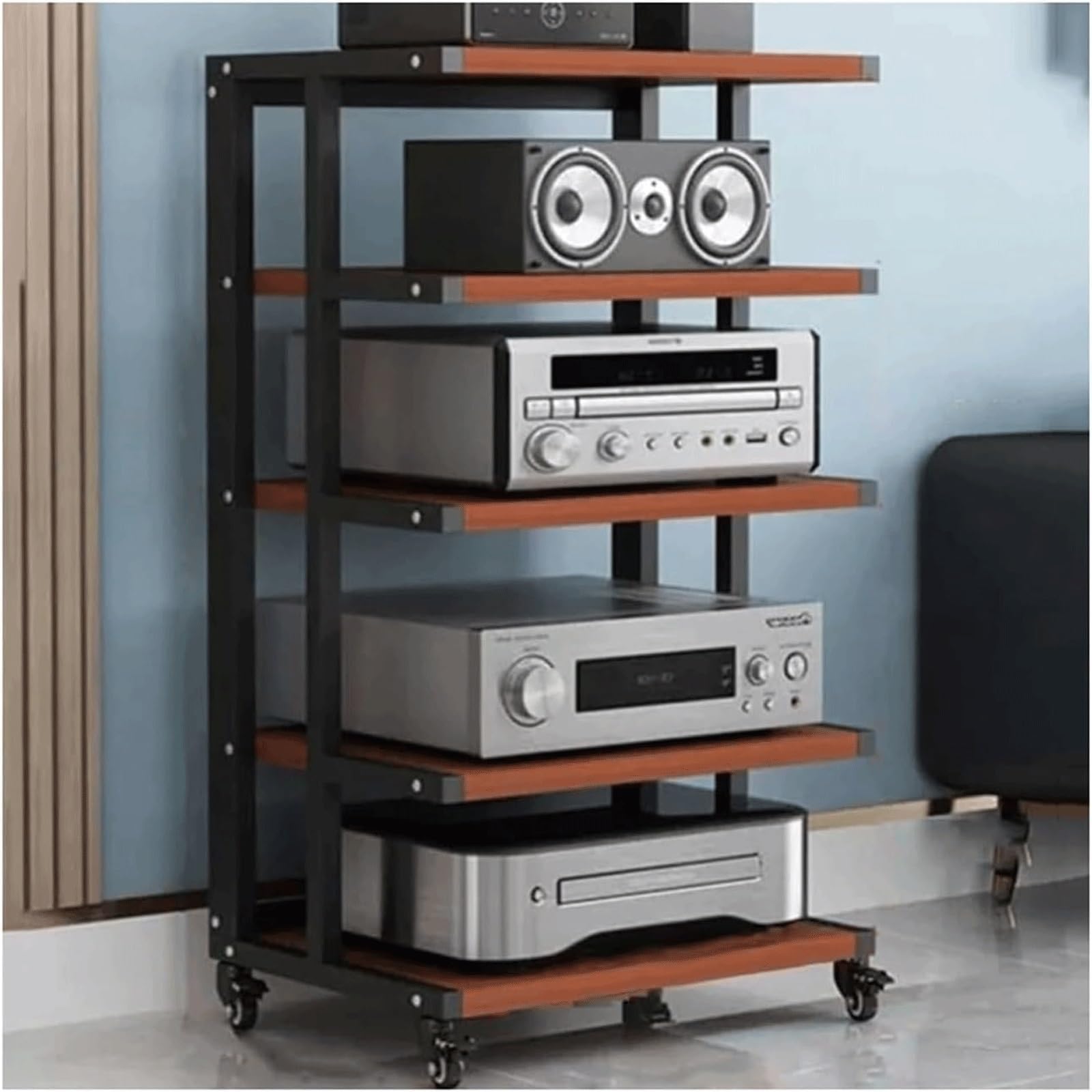 Audio-Rack, bewegliches Stereo-Rack, Audio-Geräte-Rack, Audio-Stereo-Regal, offenes HiFi-Rack aus Holz, Audio-Video-Regal mit Rädern(Red,5 Tier)