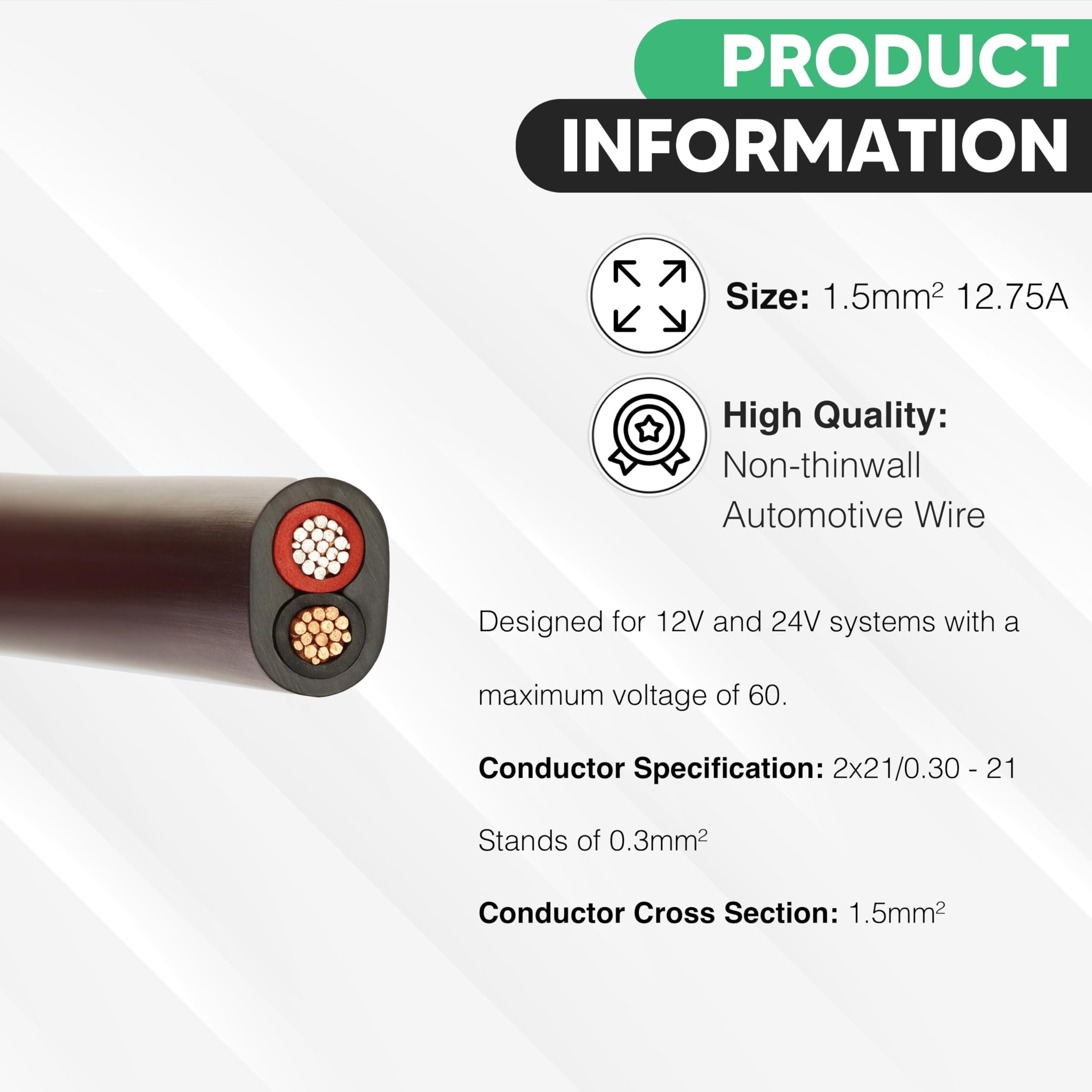 Non-Thinwall Automotive Flat Twin 2 Core Cable 1.5mm, 12.75A, 12V/24V Wire for Auto, Van (5M Coil) - Image 2