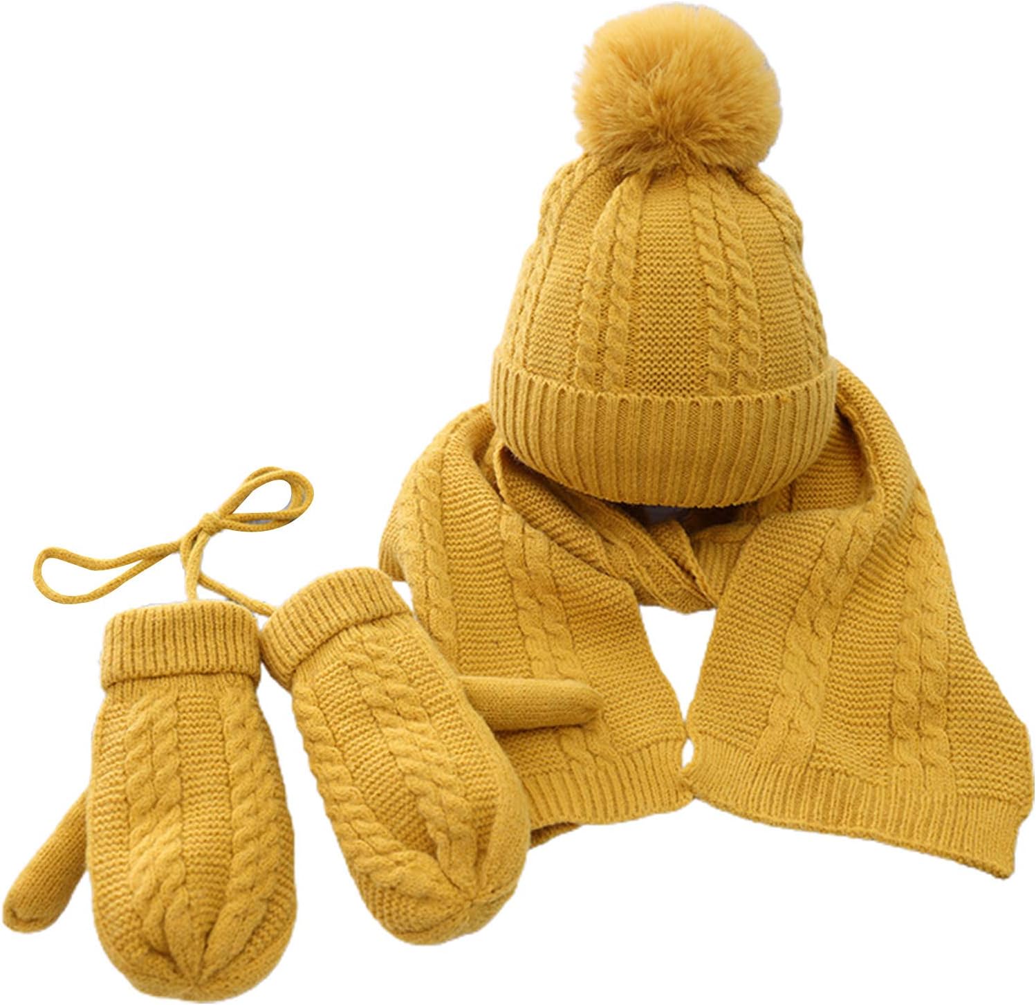 Scarf,Winter Beanie Hat Long Scarf Gloves with String Set for Kids Pompom Cuffed Skullcap Mittens Scarf