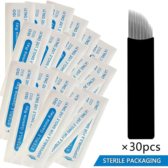 30Pcs Disposable Eyebrow Microblading Needles,Lip Tattooing Microblades Permanent Makeup Blades for Single Use Only (18needle) (Black)