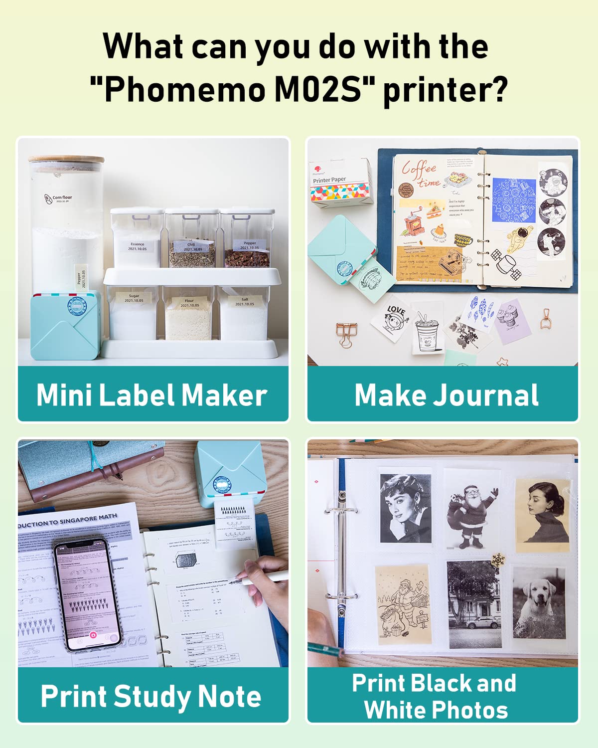 Phomemo M02S Mini Drucker, 300 DPI Thermodrucker mit 6 Etikettenrollen, Taschendrucker Sticker Drucker, Kompatibel mit 15, 25, 53 mm Papier, ideal für Studium, Scrapbooking, Fotos, Geschenke (Grün)