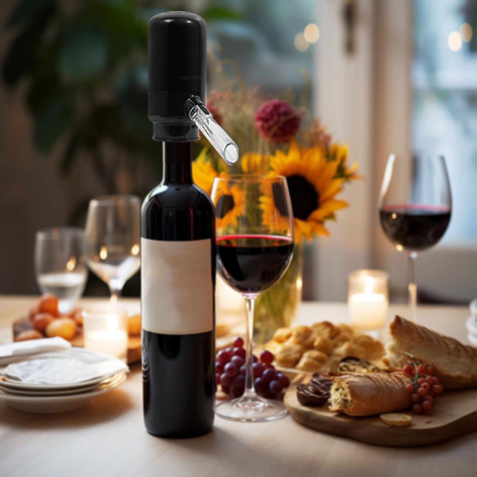 Aeratore per Vino con Decanter Elettrico, Versatore Elettrico Vino, Dispenser Vino Automatico con Due Tubi di Collegamento in Silicone, Nero