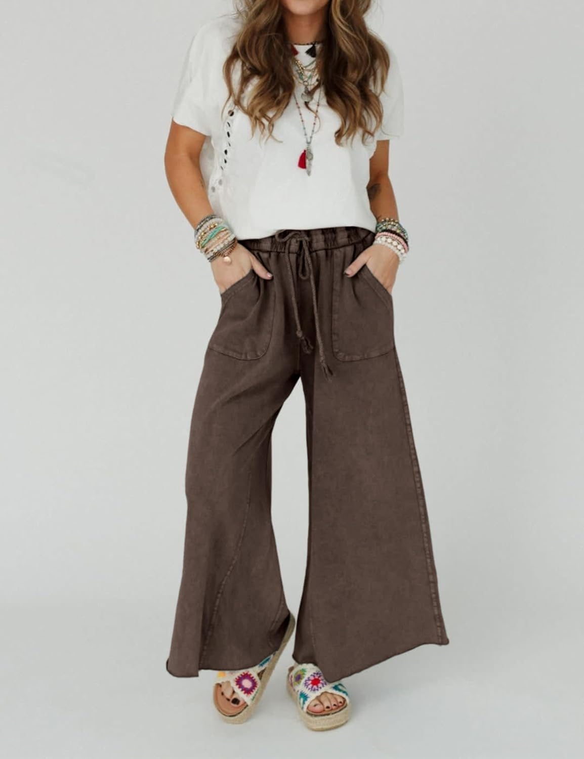 Athlisan Womens Wide Leg Sweatpants Acid Wash Drawstring Waist Cropped Pants Casual Baggy Palazzo Trousers with Pockets