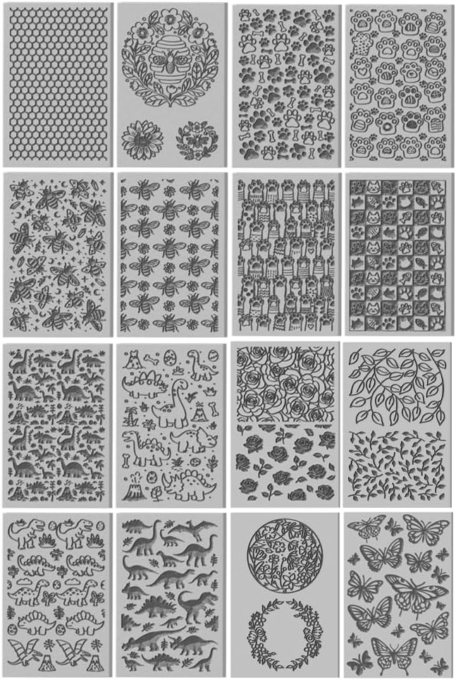 CHGCRAFT 16 Pcs Animals Flowers Pattern Polymer Clay Texture Sheet Bees and Cats Patterns Rubber Clay Texture Mat for Polymer Clay Making Earrings Jewelry DIY Crafts 4 × 2.5 Inch