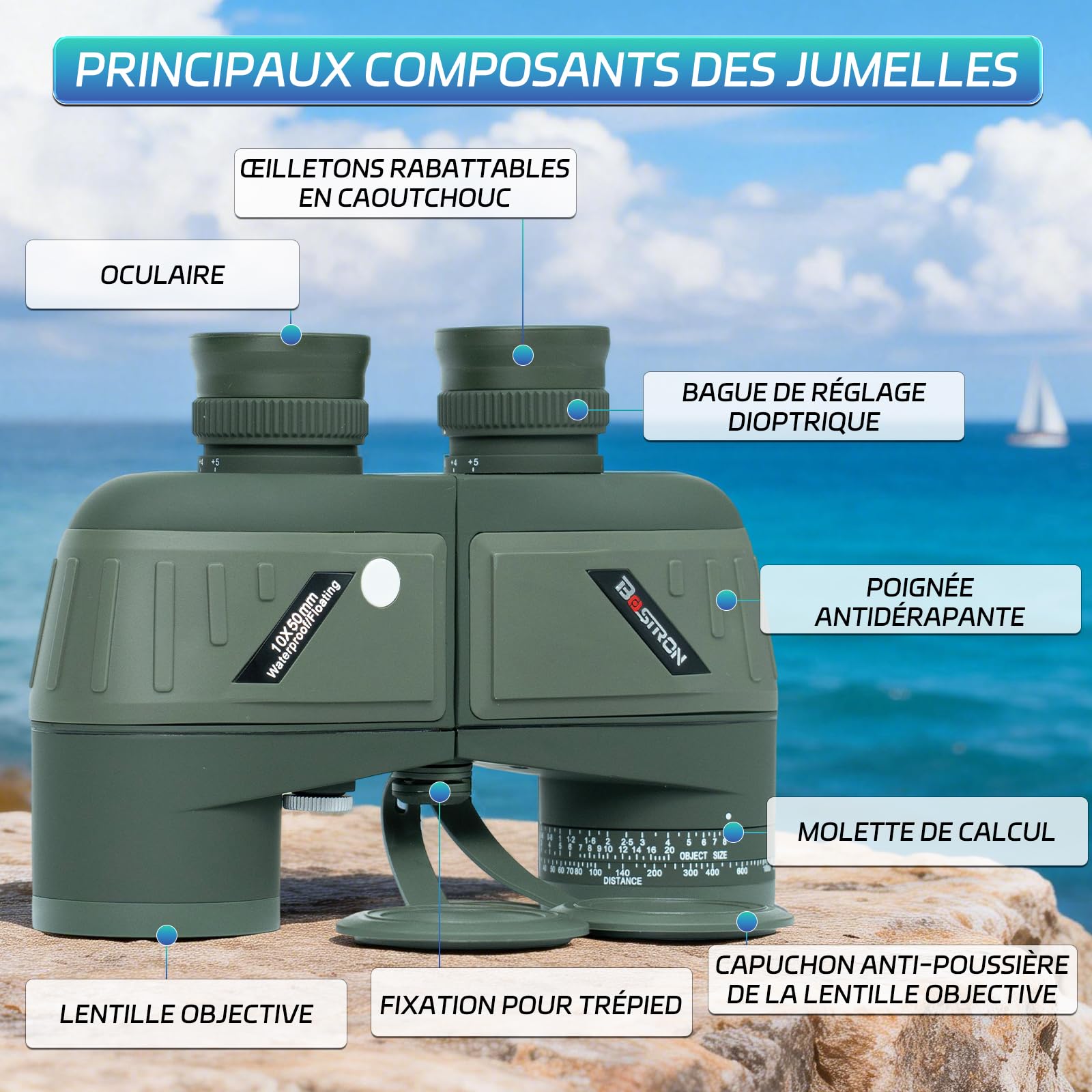 10x50 Jumelles Marines étanche pour Adultes pour Voyage | Jumelles avec Boussole Télémétrique étanche Remplie - HD BAK4 Prism FMC Objectif pour l'observation Oiseaux, Concert