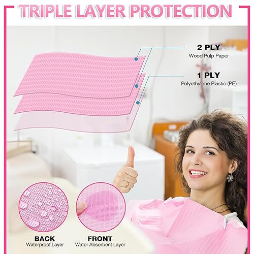 Miniatura 5 de Baberos dentales desechables rosados, 125 piezas, toalla Polyback de 3 capas, impermeables, baberos para pacientes, servilletas de dentista, hojas