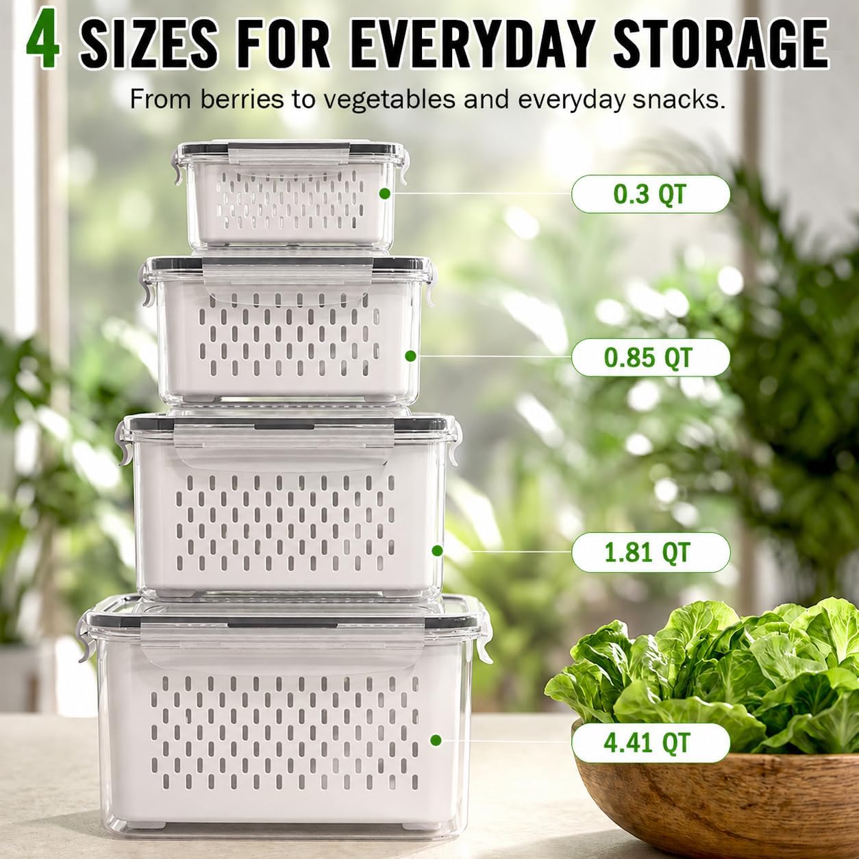 4-Pack Fruit Storage Containers for Fridge with Removable Colanders