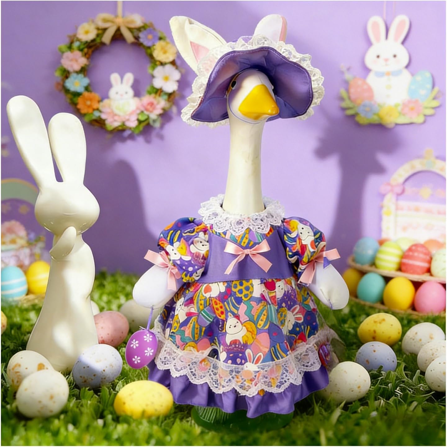 Easter Porch Goose Outfit 23-28 Inch Rabbit and Eggs Cement Goose Purple Clothes Dress and Hat Costume Set for Easter Spring Holiday Garden Yard Decor