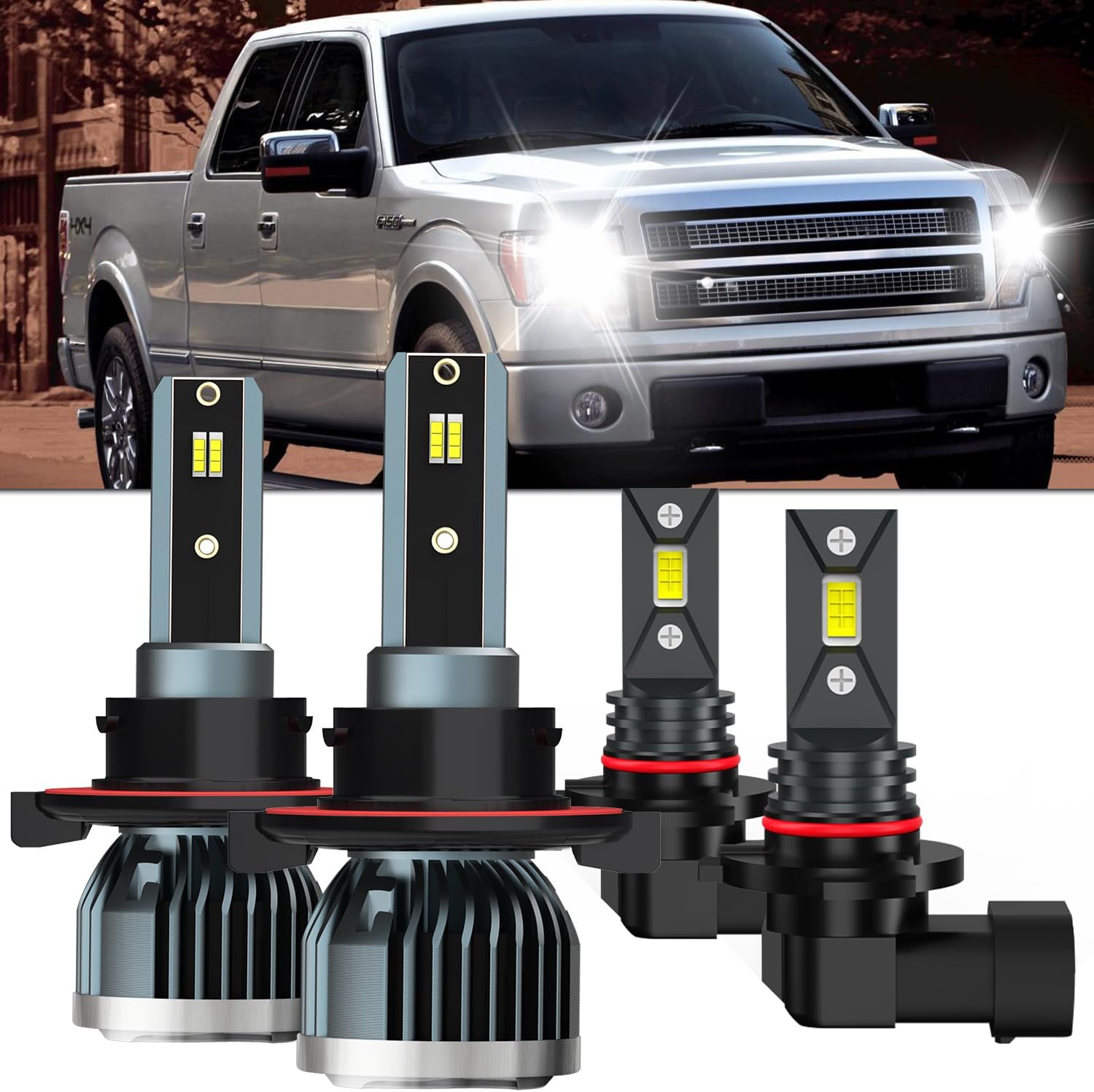 Lights Fit For Ford F150 2004-2014, 9008 High/Low Beam 9145 Fog Light Bulbs, High Power 6500K White Light, Plug & Play, Pack of 4