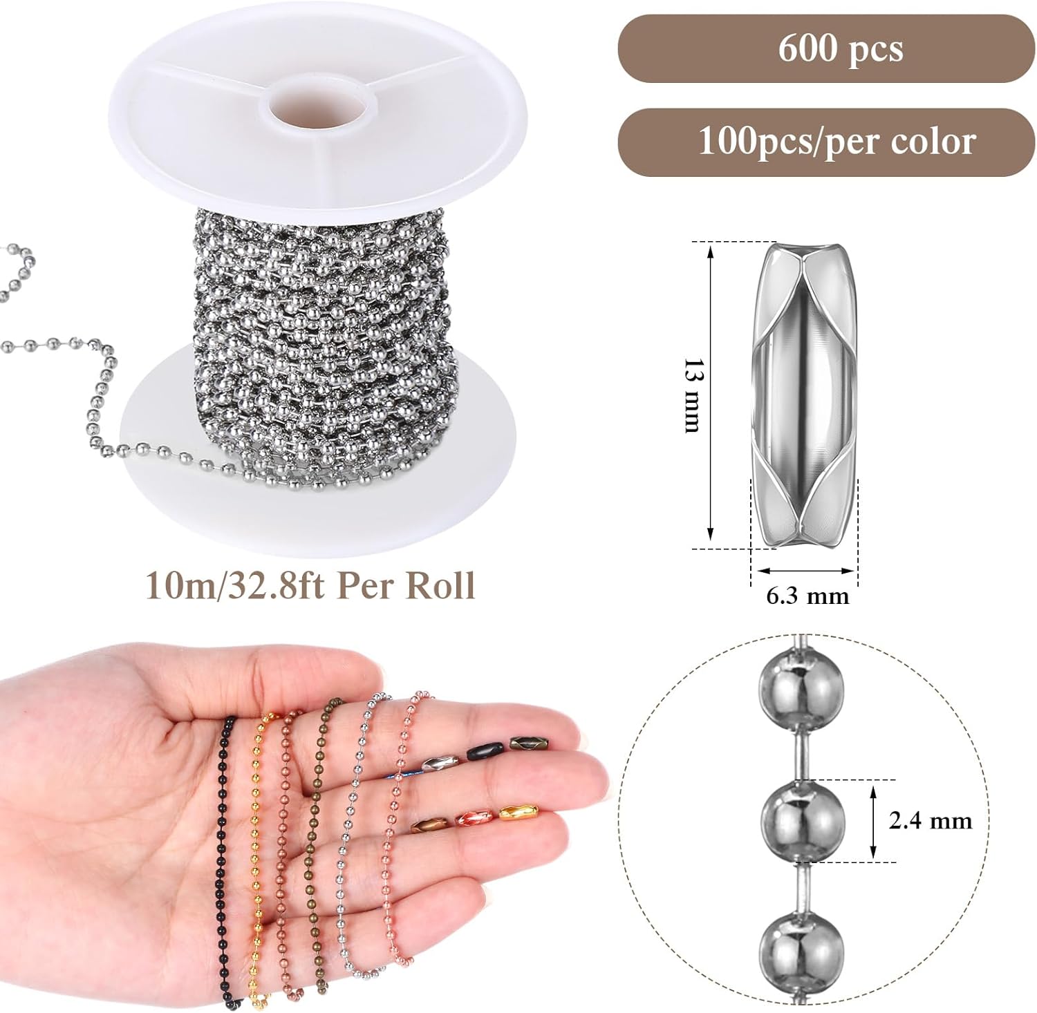 Canlierr 6 Pack Beaded Chain 198 ft Ball Necklace Chains 2.4 mm with 600 Pieces Matching Connectors Clasps for Jewelry Making, Necklace Hanging, Dog Tag, Bracelets, Keychain, DIY Crafts