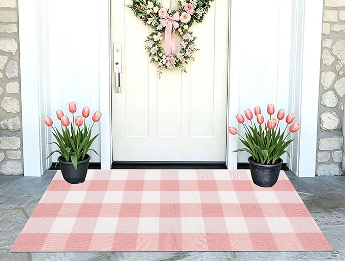 Alfombra exterior rosa y blanca 24x51 pulgadas cuadros algodón lavable miniatura 9
