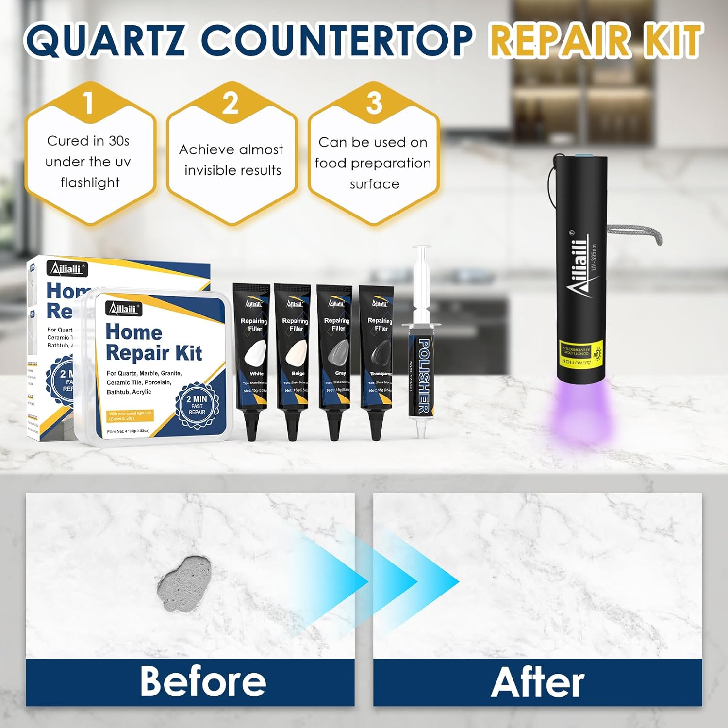Quartz Countertop Repair Kit, Granite & Marble Repair Kit with 4*15g Filler(White,Beige, Gray,Clear), 30s Fast Repair Chip, Hole, Scratch, Crack on Fiberglass, Porcelain, Ceramic Tile, Bath Tub, Sink - Image 4