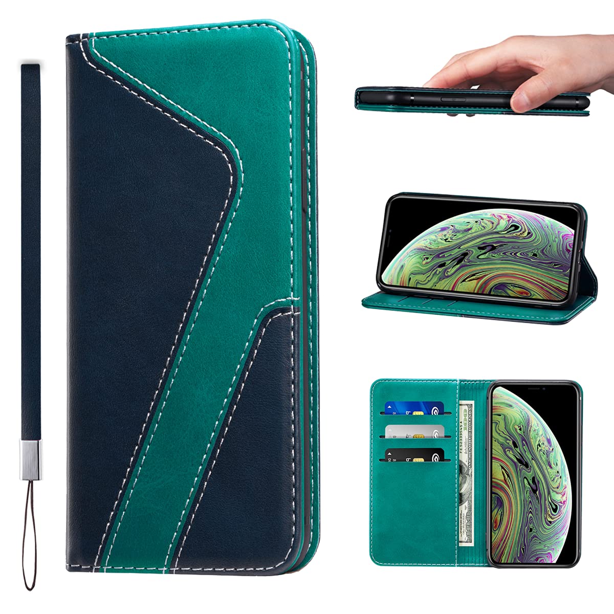 LANJLM iPhone XR Case PU Leather Wallet Case Card Holder Shockproof Flip Cover - Blue green