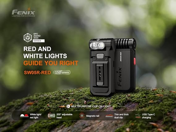 Fenix SW05R-RED Clip On Flat Body swival Flashlight with Red Light with EdisonBright Accessory case Bundle (Black)