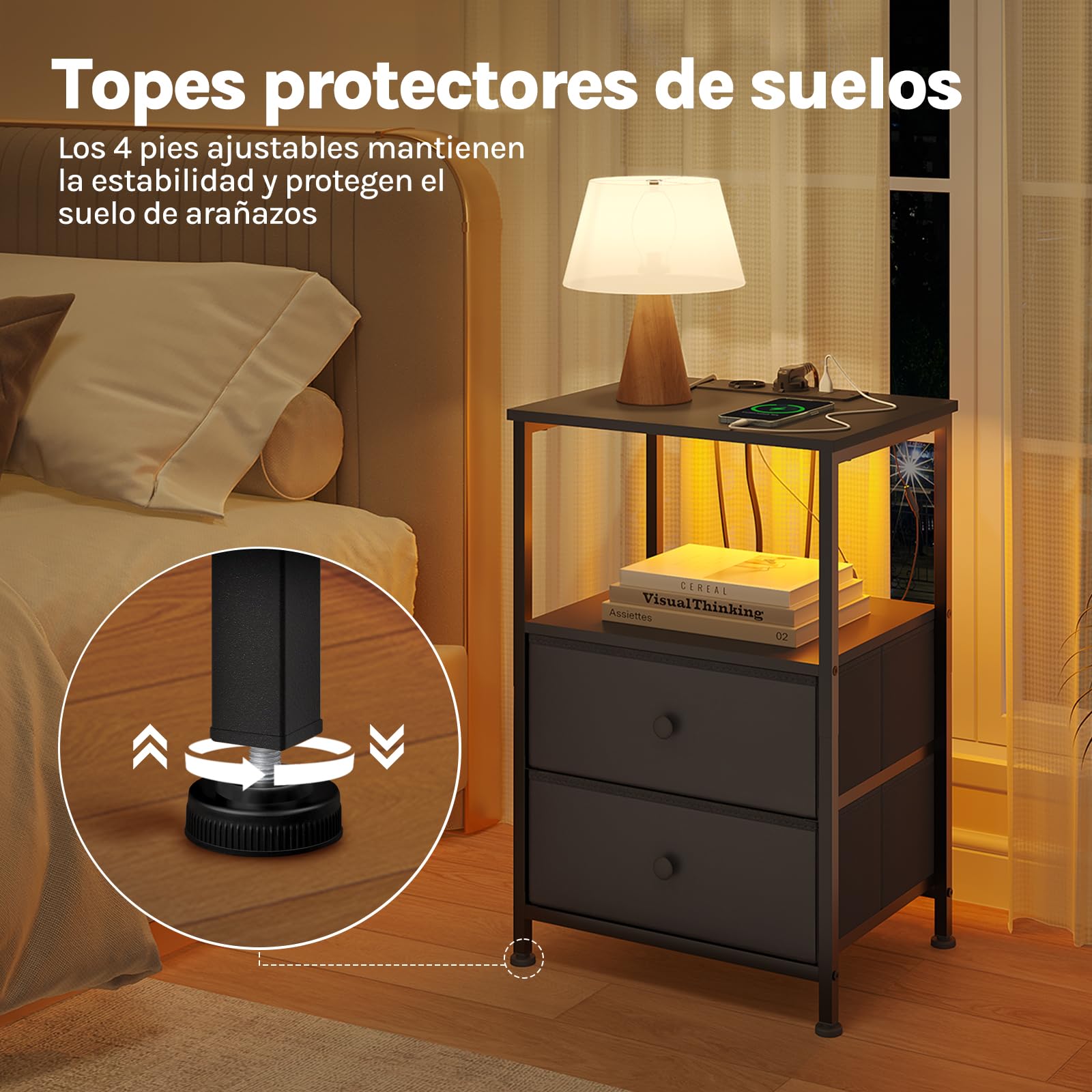 WOLTU Mesita Noche con Enchufes, Mesa Auxiliar Luz LED, 2 Cajones de Tela y Estantes Abiertos, Mesilla de Noche Negra, para Salón, Dormitorio y Oficina, Metal + MDF, NTS27sz | 2 cajones de tela y estantes abiertos, mesilla de noche inteligente para salón,