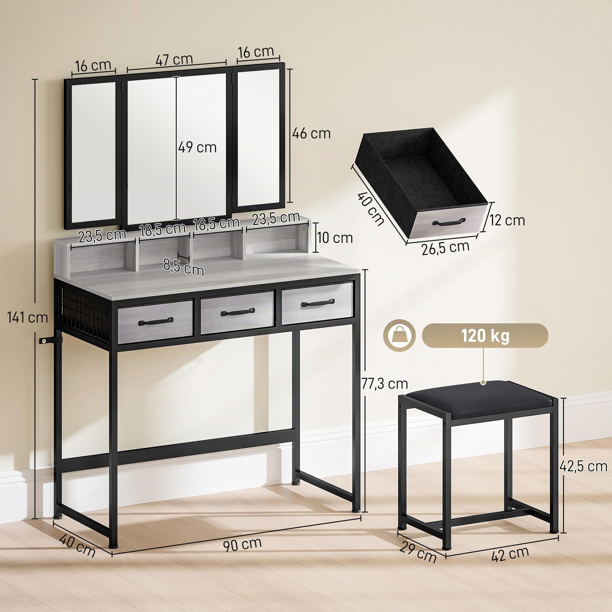 HOMCOM Tocador de Maquillaje con Espejo Tríptico Desmontable en Gris | Tocador con Taburete, 3 Cajones de Tela, Estantes, Soporte para Secador de Pelo, Cesta Metálica, Dormitorio, Vestidor
