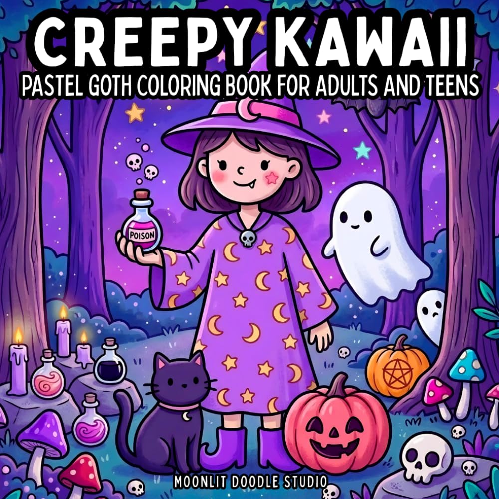 Creepy Kawaii: Pastel Goth Coloring Book for Adults and Teens: Cute and Spooky Coloring Pages Featuring Ghosts, Witches, Black Cats, Monsters, Haunted Treats, and Cozy Gothic Scenes